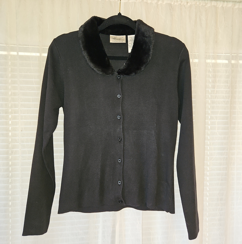 Kathie Lee Collection Black Faux Fur Collar Cardigan